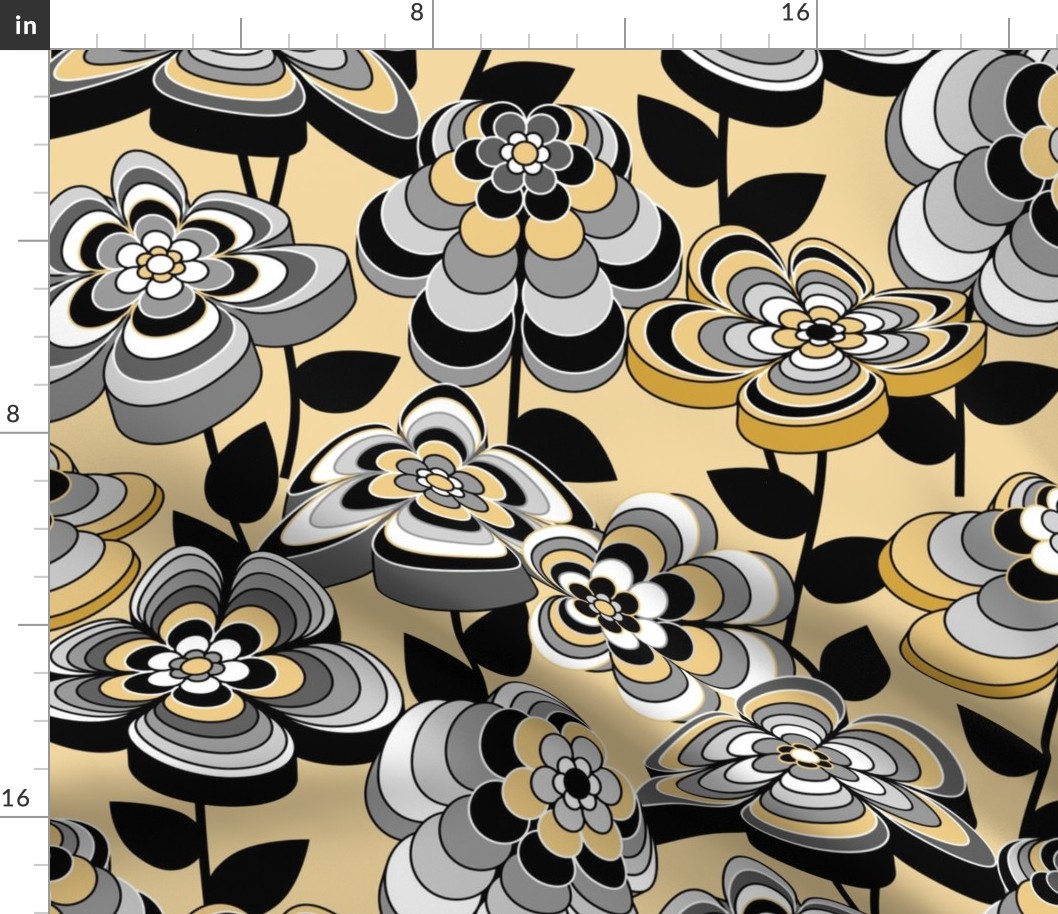 Romantic Mid Century Modern Floral // Butter Yellow, Gray, Black and White // V1 // Medium Scale - 429 DPI
