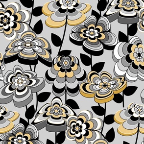 Romantic Mid Century Modern Floral // Butter Yellow, Gray, Black and White // V2 // Medium Scale - 429 DPI