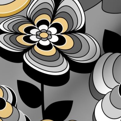 Romantic Mid Century Modern Floral // Butter Yellow, Gray, Black and White // V3 // Medium Scale - 429 DPI