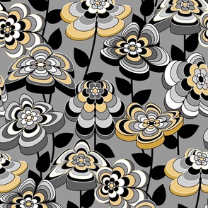 Romantic Mid Century Modern Floral // Butter Yellow, Gray, Black and White // V3 // Medium Scale - 429 DPI