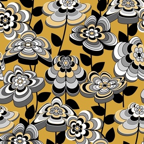 Romantic Mid Century Modern Floral // Gold, Butter Yellow, Gray, Black and White // V4 // Medium Scale - 429 DPI