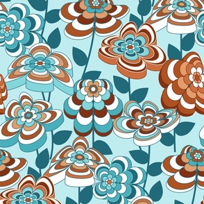 Romantic Mid Century Modern Floral // Aqua Blue, Caribbean Blue,  Burgundy, Potter's Clay, Peach, White // 429 DPI