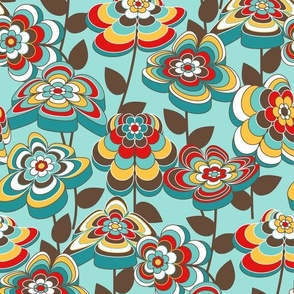 Romantic Mid Century Modern Floral // Turquoise Blue, Red, Yellow, Brown, White // 750 DPI