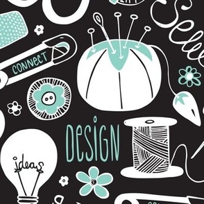 Design Sew Creativity - Sewing Typography Black White Aqua Large Scale