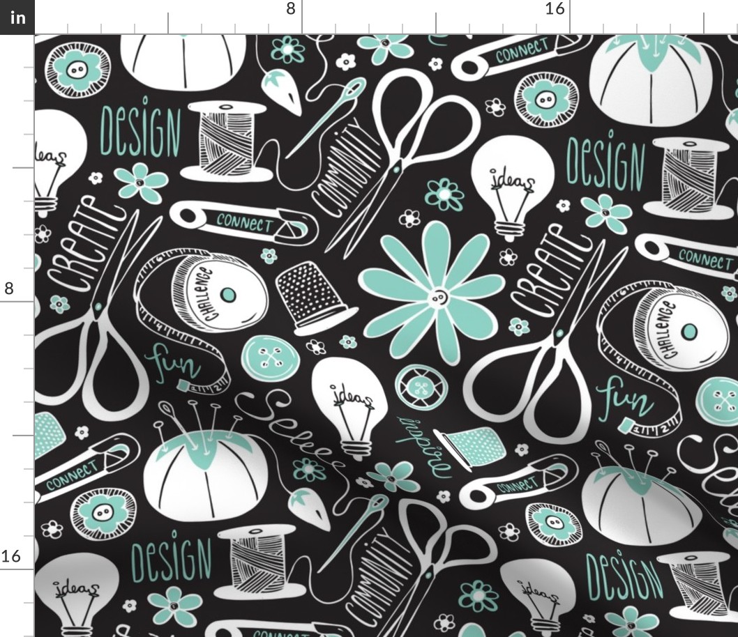 Design Sew Creativity - Sewing Typography Black White Aqua Large Scale