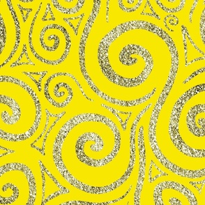 Gold Swirls on a Yellow Background - Abstract Doodle Art 