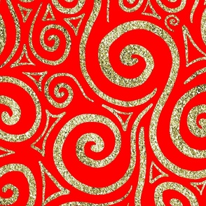 Gold Swirls on a Red Background - Abstract Doodle Art 