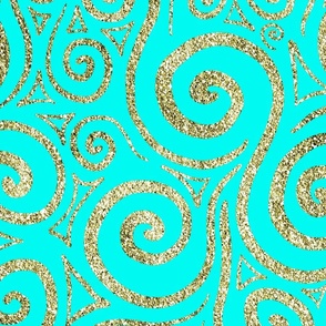 Gold Swirls on a Teal Background - Abstract Doodle Art 