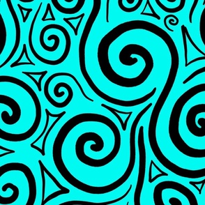 Black Swirls on a Blue Background - Abstract Doodle Art 