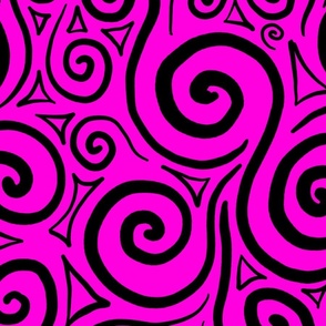Black Swirls on a Bright Pink Background - Abstract Doodle Art 