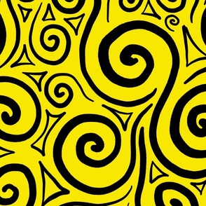 Black Swirls on a Yellow Background - Abstract Doodle Art 