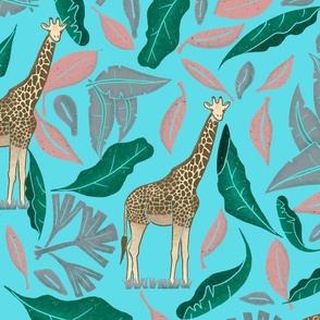 Fun Giraffes with Tropical Leaves Pattern - Pink and Aqua