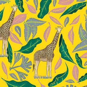 Fun Giraffes with Tropical Leaves Pattern - Tans and Yellow