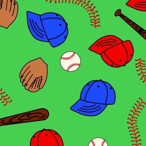 Up to Bat - Baseball Themed Repeating Pattern with Balls, Bats, Hats, and Stitches
