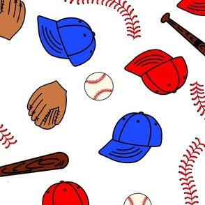 Up to Bat - Baseball Themed Repeating Pattern with Balls, Bats, Hats, and Stitches