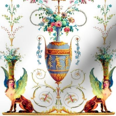 sphinx wings lioness baroque rococo roses flowers floral leaves leaf Victorian beautiful lady woman goddess bows bouquets roman Greek Grecian neoclassical acanthus flourish festoon garland swags swirls cameo medallions vases antiques mythical long panel