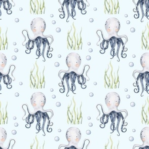 Large Scale Under the Sea Watercolor Octopus on Light Blue