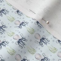 Small Scale Under the Sea Watercolor Octopus on Light Blue