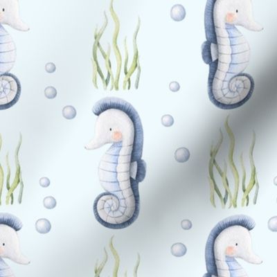 Large Scale Under the Sea Watercolor Sea Horses on Light Blue