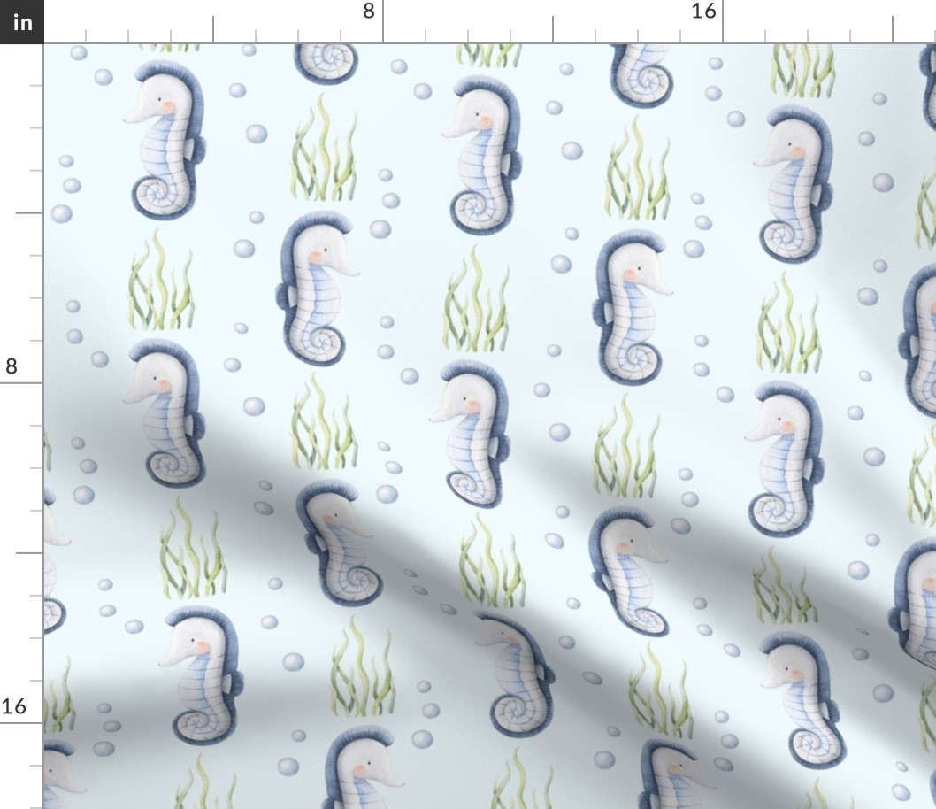 Large Scale Under the Sea Watercolor Sea Horses on Light Blue