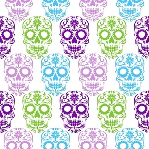Medium Scale Sugar Skulls Dia de los Muertos Day of the Dead Fall Halloween Skeletons Purple Blue Green on White