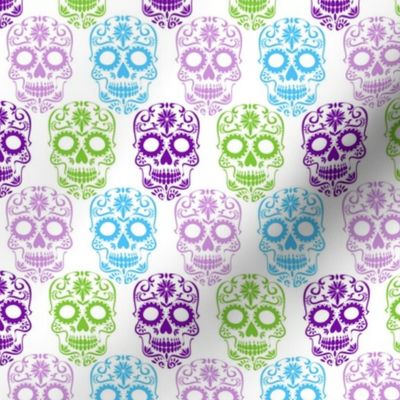 Small Scale Sugar Skulls Dia de los Muertos Day of the Dead Fall Halloween Skeletons Purple Blue Green on White