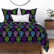 Large Scale Sugar Skulls Dia de los Muertos Day of the Dead Fall Halloween Skeletons Purple Blue Green on Black