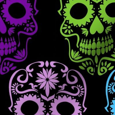 Large Scale Sugar Skulls Dia de los Muertos Day of the Dead Fall Halloween Skeletons Purple Blue Green on Black