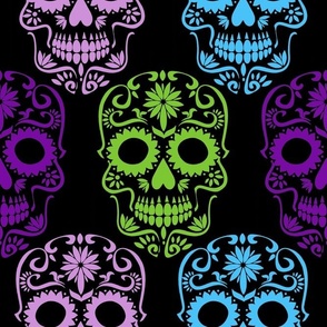 Large Scale Sugar Skulls Dia de los Muertos Day of the Dead Fall Halloween Skeletons Purple Blue Green on Black