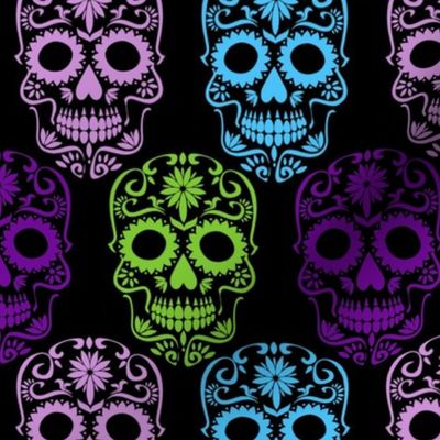 Medium Scale Sugar Skulls Dia de los Muertos Day of the Dead Fall Halloween Skeletons Purple Blue Green on Black