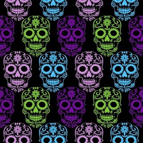 Medium Scale Sugar Skulls Dia de los Muertos Day of the Dead Fall Halloween Skeletons Purple Blue Green on Black