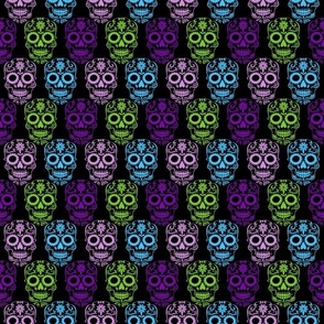 Small Scale Sugar Skulls Dia de los Muertos Day of the Dead Fall Halloween Skeletons Purple Blue Green on Black