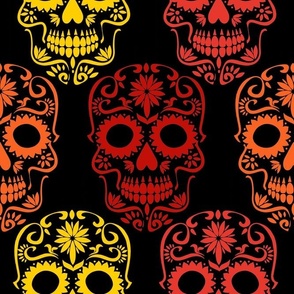 Large Scale Sugar Skulls Dia de los Muertos Day of the Dead Fall Halloween Skeletons Red Orange Yellow on Black