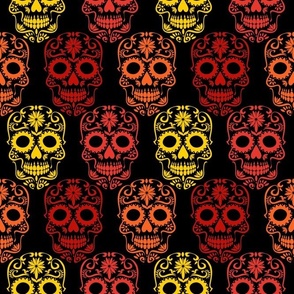 Medium Scale Sugar Skulls Dia de los Muertos Day of the Dead Fall Halloween Skeletons Red Orange Yellow on Black