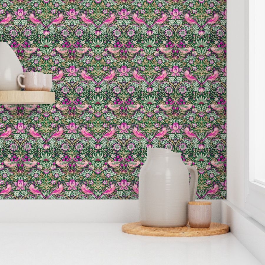 Pink Strawberry Thief by William Morris, Wallpaper | Spoonflower