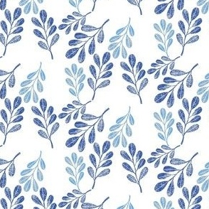 Simple Round Leaves Botanical in Textured Blue on White Medium