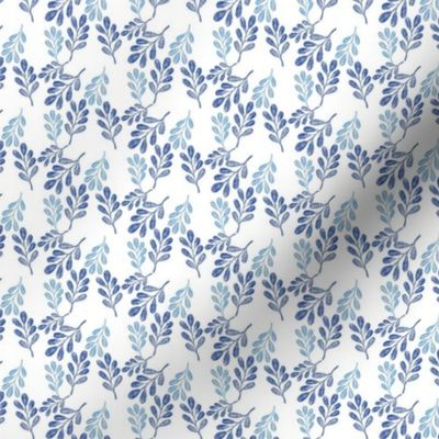 Simple Round Leaves Botanical in Textured Blue on White Small
