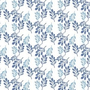 Simple Round Leaves Botanical in Textured Blue on White Small