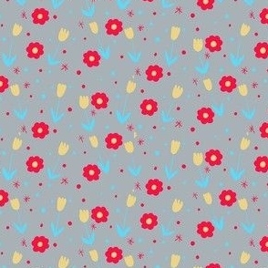 Sweet Calico Floral with Tulips and Flowers  Yellow Red Gray Medium