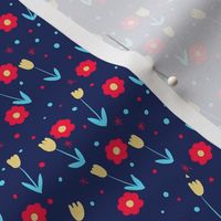 Sweet Calico Floral with Tulips and Flowers  Yellow Red Navy Blue Medium