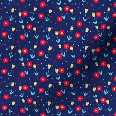 Sweet Calico Floral with Tulips and Flowers  Yellow Red Navy Blue Medium