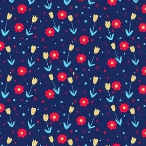 Sweet Calico Floral with Tulips and Flowers  Yellow Red Navy Blue Medium