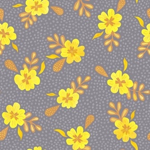 Yellow Flowers on Grey Dots Spots - Medium Scale - Painted Paper cut