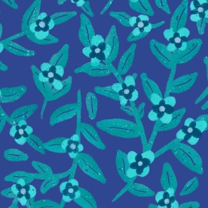 Hand-drawn Floral Vines - Blue Blossoms on Navy 