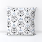 Gray Wolf Damask on White