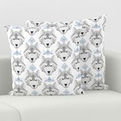 Gray Wolf Damask on White