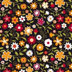 Ditsy white, red and orange flowers on black 