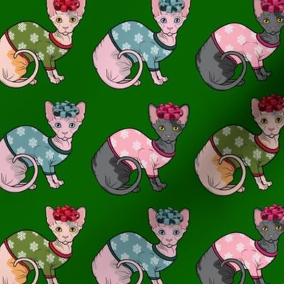 Christmas Sphynx Cats on Green