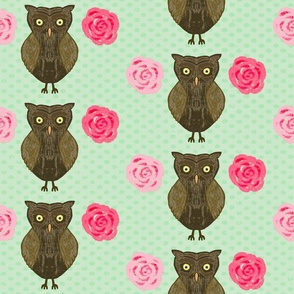 Owls Green With Pink And Coral Roses and Dots