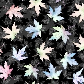 Large Scattered Maple Leaves Pastel Shades on Black